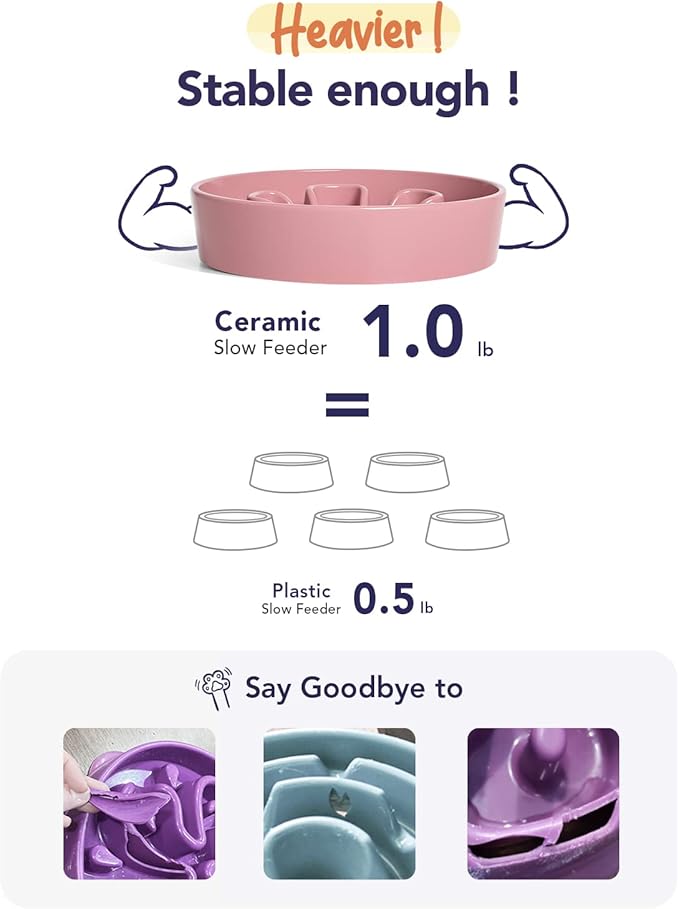 LE TAUCI Ceramic Slow Feeder Dog Bowls Small Breed, 0.6 Cups Dog Food Dish for Fast Eaters, Puzzle Bowl for Small Dogs and Cats,Pink Bloom
