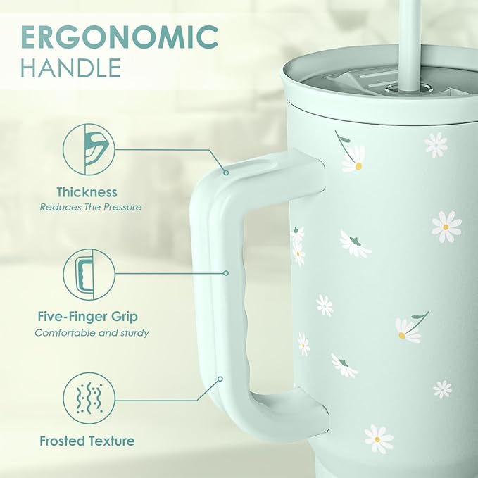 SANDJEST Daisy 40oz Tumbler with Handle and Straw – Flower Insulated Stainless Steel Travel Coffee Mug for Women Girls - Gift Idea for Birthday Christmas Mothers Day