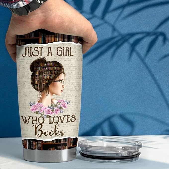 SANDJEST Book Lovers Tumbler Just A Girl Who Loves Books 20oz Tumblers with Lid Gift for Librarian Book Lover Women Readers Bookworm Christmas Holiday Birthday