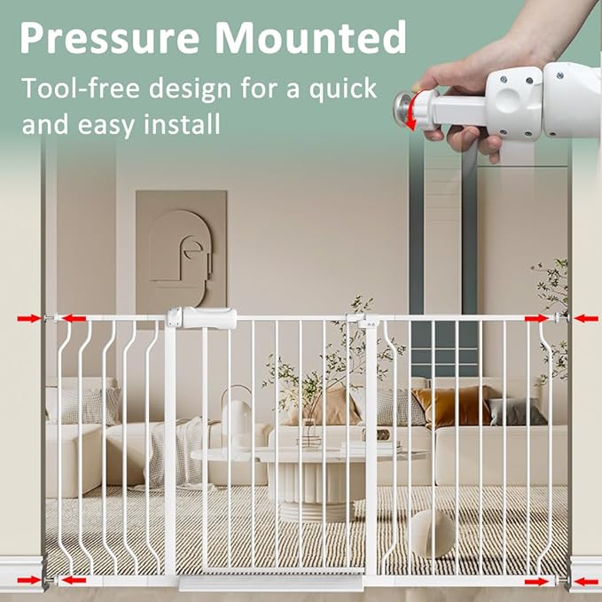 TSAYAWA Walk Through Baby Gate with Door,67-71.5 Inch Wide Presure Mounted No Drill Metal Auto Close Child Gate for Stair Doorway - Indoor Outdoor Safty Gate for Toddler Dog Doggie, White
