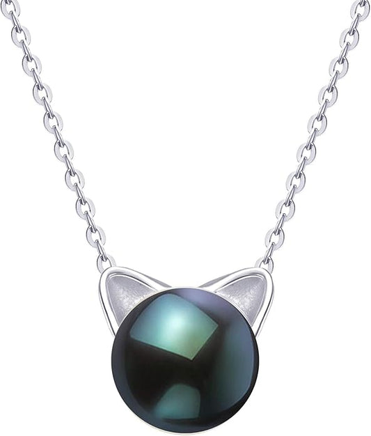 S.Leaf Cat Pearl Necklaces For Women Sterling Silver Cat Lovers Lady Gifts Pearl Opal Jewelry Pendant Collarbone Charm Necklace Best Friend Birthday Gifts for Women Trendy Sister Mom Wife Womens Her Friend Party