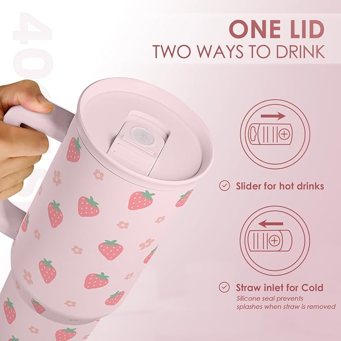 SANDJEST Strawberry Tumbler with Handle 40oz – Insulated Stainless Steel Travel Coffee Mug Cup for Girls Women, Gift for Christmas, Birthday