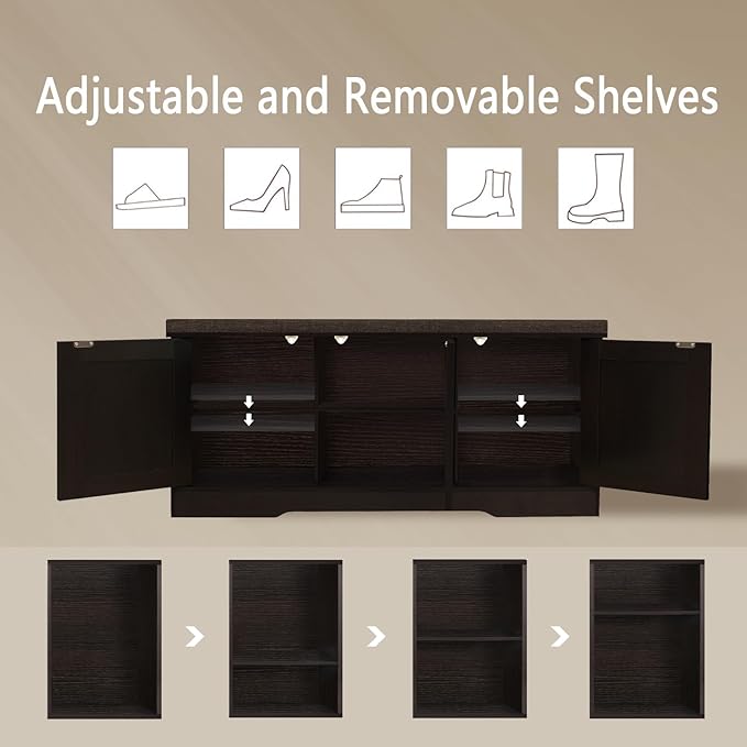 DINZI LVJ Shoe Bench, Entryway Storage Bench with Doors, Cushion, 2-Tier Shoe Rack with 6-Cubby, 39.4”L x 13.8”W Shoe Organizer Cabinet, Adjustable Shelf, Living Room, Bedroom, Espresso