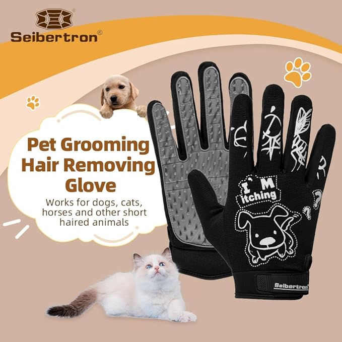 Seibertron Patented P.G.M.G-1 Pet Hair Remover/Deshedding Grooming Gloves Seven Sizes Fit All Works for Dogs, Horses, Cats and Other Animals Short Fur(1-Pair) Adult Black M