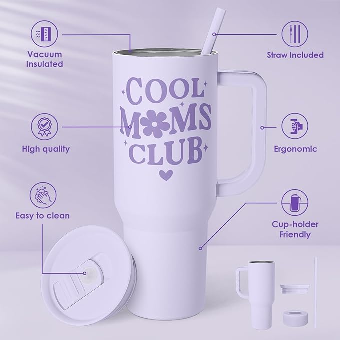 SANDJEST Gift for Mom - Cool Mom Club Stainless Steel Tumbler with Handle, Travel Coffee Mug for Moms - Gifts for Birthday Christmas Mothers Day, 40oz