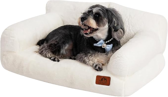 Hollypet Fluffy Plush Pet Cat Couch Soft Calming Pet Sofa Beds for Medium Small Cats and Dogs, White