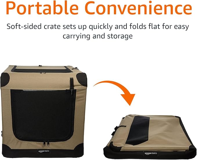 Amazon Basics Folding Soft Crate for Cat, Dog, Rabbit, Portable and Collapsible, 36 Inch, Tan, L 36" x 24" x 24"
