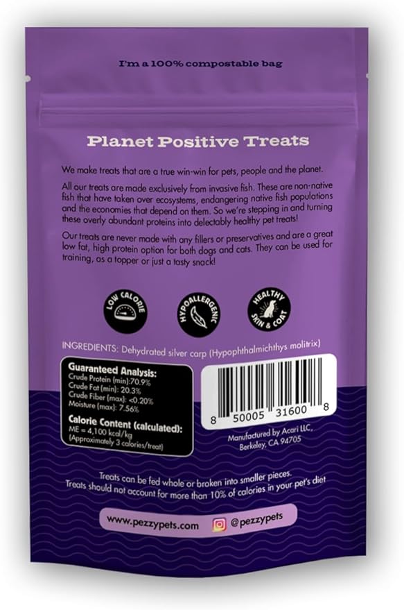 Silver Carp Chips Dog & Cat Treats | Single Ingredient | Wild Caught | Made w/Invasive Fish | Grain Free | High Protein + Low Fat | Hypoallergenic | Made in The USA (2 Pack)