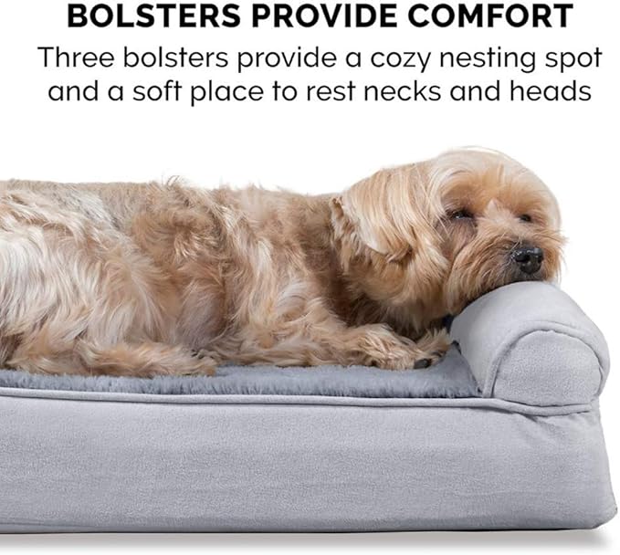 Furhaven Orthopedic Dog Bed for Large Dogs w/ Removable Bolsters & Washable Cover, For Dogs Up to 125 lbs - Plush & Suede Sofa - Gray, Jumbo Plus/XXL