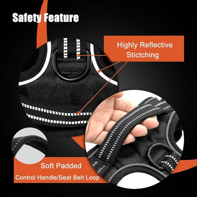 PHOEPET No Pull Dog Harness Medium Reflective Front Clip Vest with Handle,Adjustable 2 Metal Rings 2 Buckles(L, Grey)
