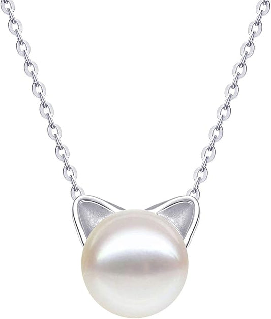 S.Leaf Cat Pearl Necklaces For Women Sterling Silver Cat Lovers Lady Gifts Pearl Opal Jewelry Pendant Collarbone Charm Necklace Best Friend Birthday Gifts for Women Trendy Sister Mom Wife Womens Her Friend Party