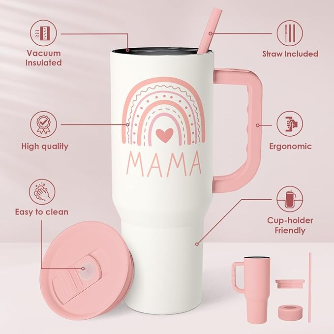SANDJEST Gift for Mom from Daughter Son - Mama Insulated Stainless Steel Tumbler 40oz with Handle and Straw, Travel Coffee Mug for Mommy Moms - Gifts Idea for Birthday Christmas Mothers Day