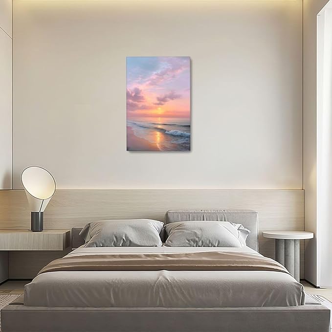 Beach Sunset Wall Art Ocean Coastal Scenery Wall Decor Seascape Picture Canvas Landscape Painting Print Framed Artwork Decorations for Living Room Office Bedroom Kitchen 16"x24"
