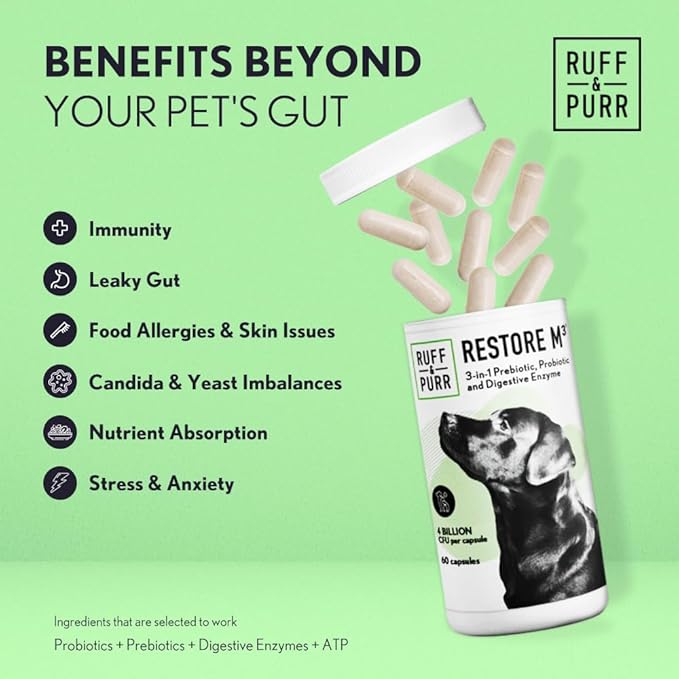Ruff & Purr Probiotics for Dogs – 3-in-1 Probiotics, Prebiotics and Digestive Enzymes for Gut Health, Immune Support, Healthy Skin and Coat – Clinically Studied DE111 & PreforPro
