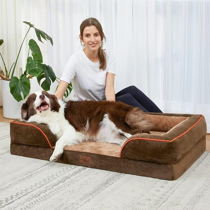 Comfort Expression Cooling Dog Beds Orthopedic, Waterproof Memory Foam Dog Bed for Large Dogs, Washable Dogs Beds with Removable Cover, Pet Sofa Couch with Bolster(Large,Khaki Brown)