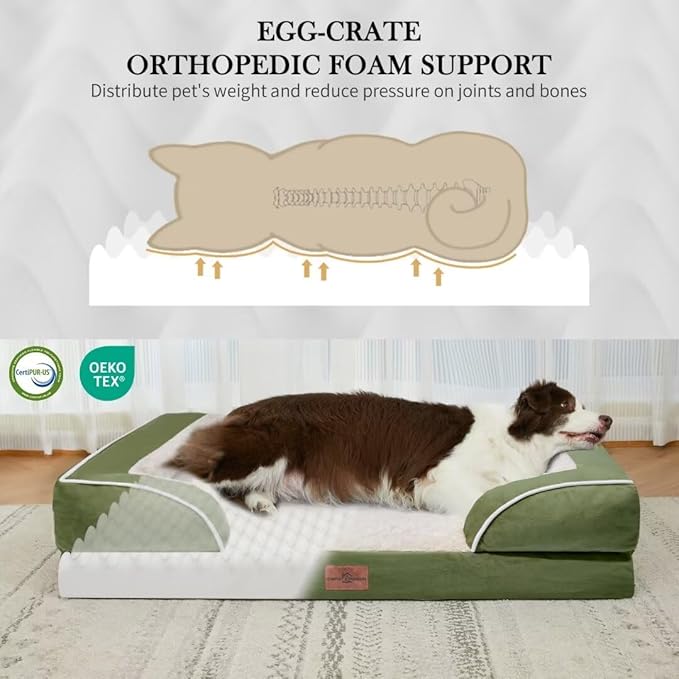Comfort Expression Waterproof Dog Beds for Large Dogs, Orthopedic Large Breed Dog Beds, Comfy Pet Bed Sofa with Washable Removable Cover & Non-Slip Bottom(Light Green)