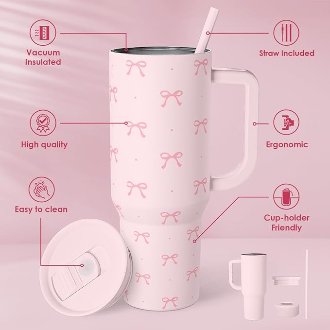 SANDJEST Gift for Women Girls - Coquette Bow Stainless Steel Tumbler with Handle, Travel Coffee Mug - Gifts for Birthday Christmas, 40oz
