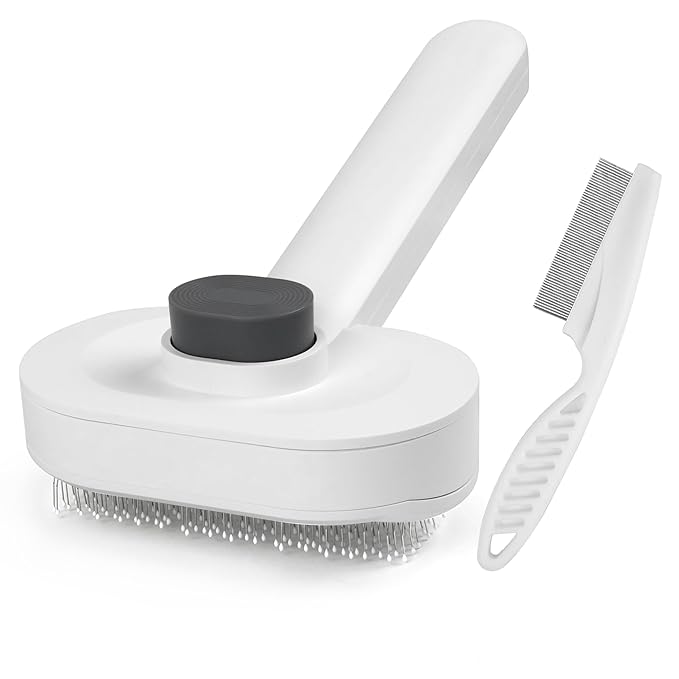 Self Cleaning Slicker Brush for Dogs & Cats - 2-in-1 Pet Grooming Tool with Flea Comb & Storage Box, Gentle Deshedding Brush for Long/Short Hair,White