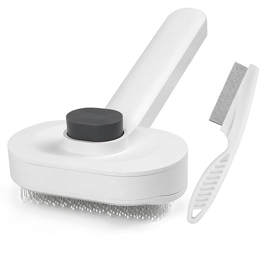 Self Cleaning Slicker Brush for Dogs & Cats - 2-in-1 Pet Grooming Tool with Flea Comb & Storage Box, Gentle Deshedding Brush for Long/Short Hair,White