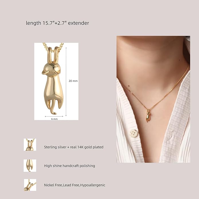 S.Leaf Sterling Silver Cat Necklace - Kitten Jewelry for Cat Lovers - Themed Gifts for Women