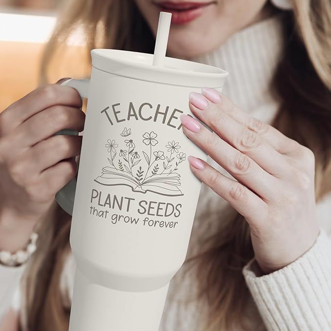 SANDJEST Teacher Appreciation Gift – 40oz Stainless Steel Insulated Tumbler with Handle and Straw - Teacher Nutrition Facts Travel Coffee Mug Cup for Women Back to School Birthday Christmas
