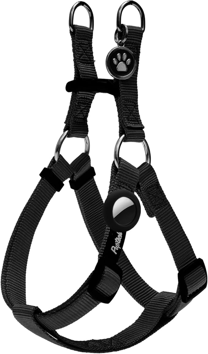 PUPTECK No Pull Dog Harness Soft Adjustable Basic Nylon Step in Puppy Vest Outdoor Walking with ID Tag and A-ir Tag Case, Black, M