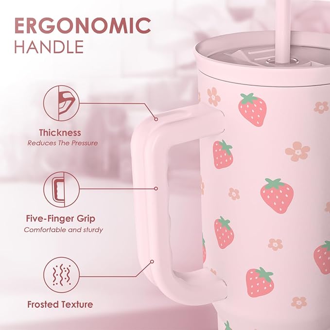 SANDJEST Strawberry Tumbler with Handle 40oz – Insulated Stainless Steel Travel Coffee Mug Cup for Girls Women, Gift for Christmas, Birthday