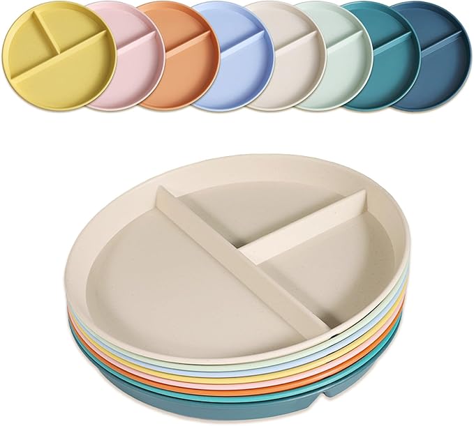 Divided Plates for Adults (8 Packs), Unbreakable Portion Control Plate Sectioned with Dividers, 9 Inch Plastic Food Separator Dinner Plates Lightweight Compartment BPA Free Reusable Microwave Safe