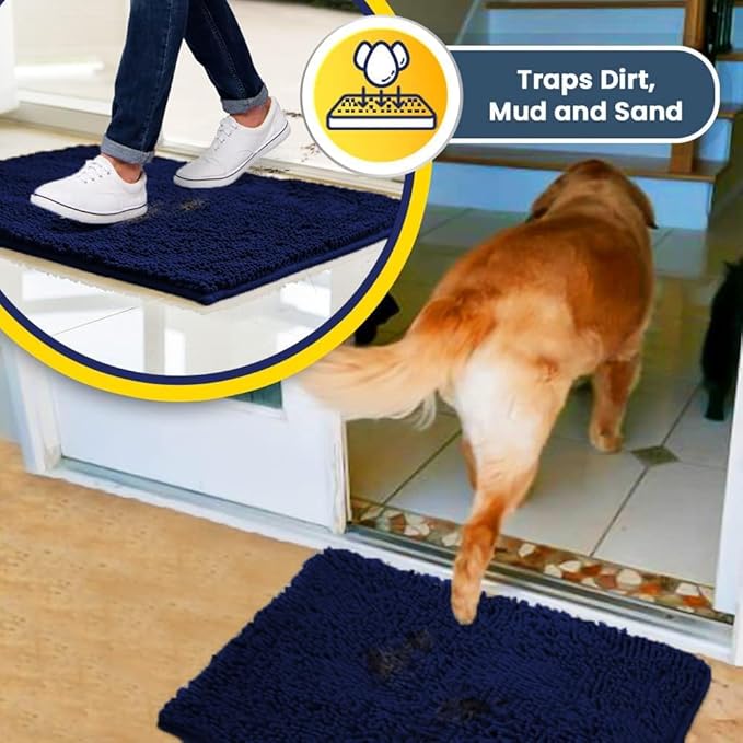 Muddy Mat® AS-SEEN-ON-TV Highly Absorbent Microfiber Dog Door Mat and Pet Rug, Non Slip Thick Washable Area and Bath Mat Soft Chenille for Kitchen Bathroom Bedroom and Indoor - Navy Blue Large 35"X24"