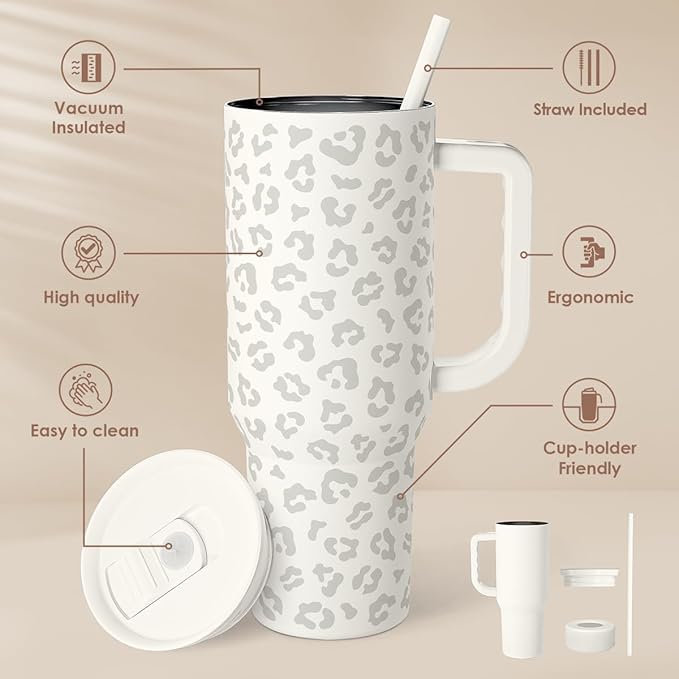 SANDJEST Leopard Tumbler with Handle, Insulated Cup Stainless Steel Travel Mug Cup, Gifts for Women Girl on Birthday Christmas, Cream Leopard, 40oz