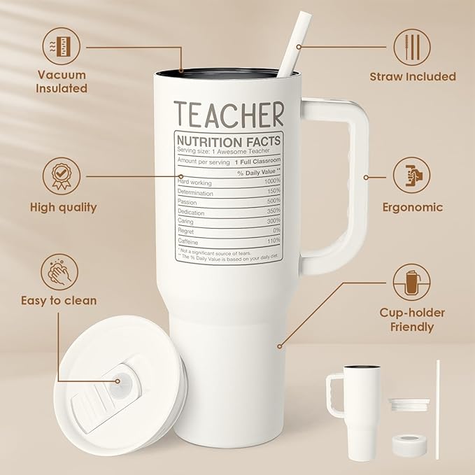 SANDJEST Teacher Appreciation Gift – 40oz Stainless Steel Insulated Tumbler with Handle and Straw - Teacher Nutrition Facts Travel Coffee Mug Cup for Women Back to School Birthday Christmas
