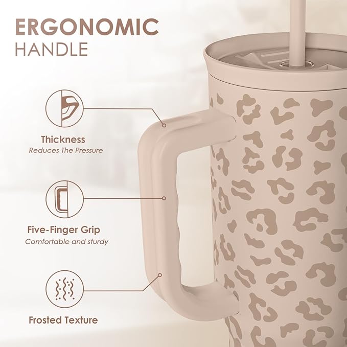 SANDJEST Leopard Tumbler with Handle, Insulated Cup Stainless Steel Travel Mug Cup, Gifts for Women Girl on Birthday Christmas, Tan Leopard, 40oz