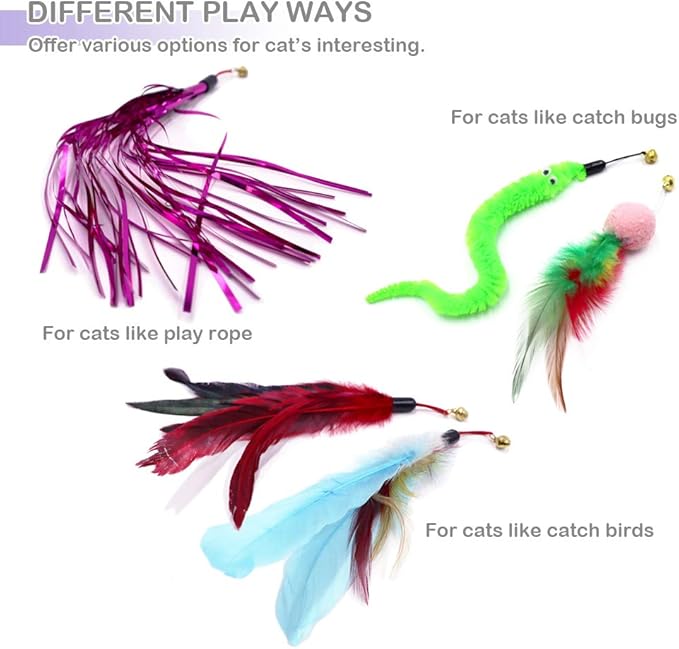 Cat Toy Wand, Interactive Feather Teaser Cat Toys Set, Retractable Cat Fishing Rod with 5pcs Refills (Purple)