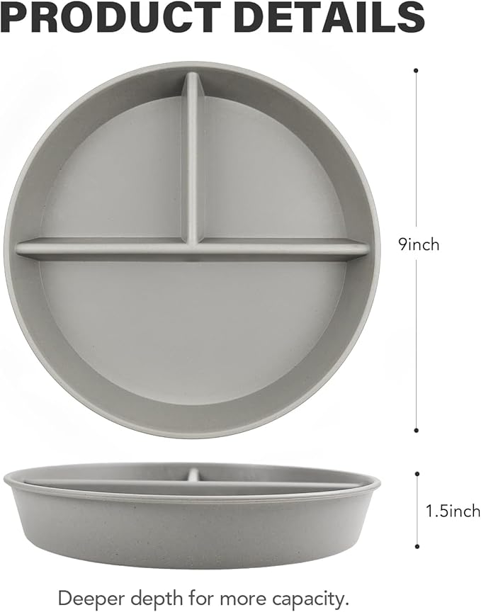 greenandlife 9 Inch 4PCS Divided Plates with Lids, Portion Control Plates for Kids Adults, Dishwasher Microwave Safe Compartment Plate, Unbreakable Lightweight Reusable Wheat Straw Plate, Grey Black