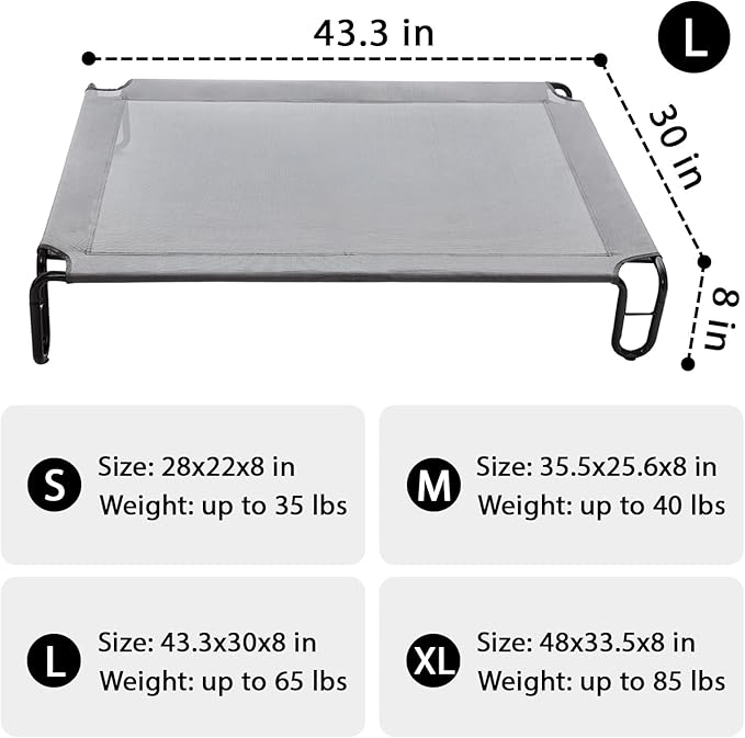 pettycare Elevated Outdoor Dog Bed - Raised Dog Bed for Large Dogs, Waterproof Dog Cot Bed Easy to Assemble, Cooling Elevated Dog Bed with Breathable Teslin Mesh, Durable, Non Slip, Up to 65 lbs,Grey