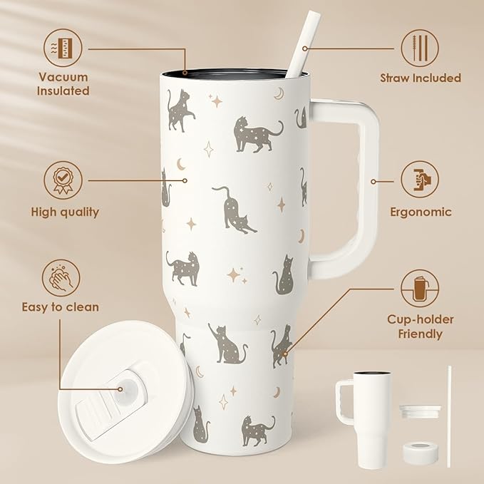 SANDJEST Gift for Cat Lovers Cat Mom – 40oz Stainless Steel Tumbler with Handle and Straw - Travel Coffee Mug for Women, Gift for Birthday, Christmas