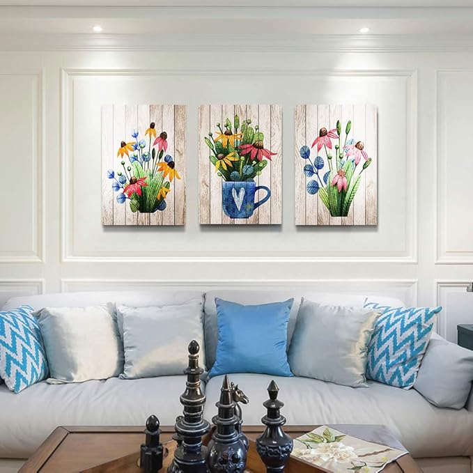 Vintage Wood grain plant flowers wall art for kitchen Wall Decoration for Living Room Wall decor for Bedroom room Decor 20" X 28" 3 Piece Framed Office Canvas print Artwork modern Home Decor painting