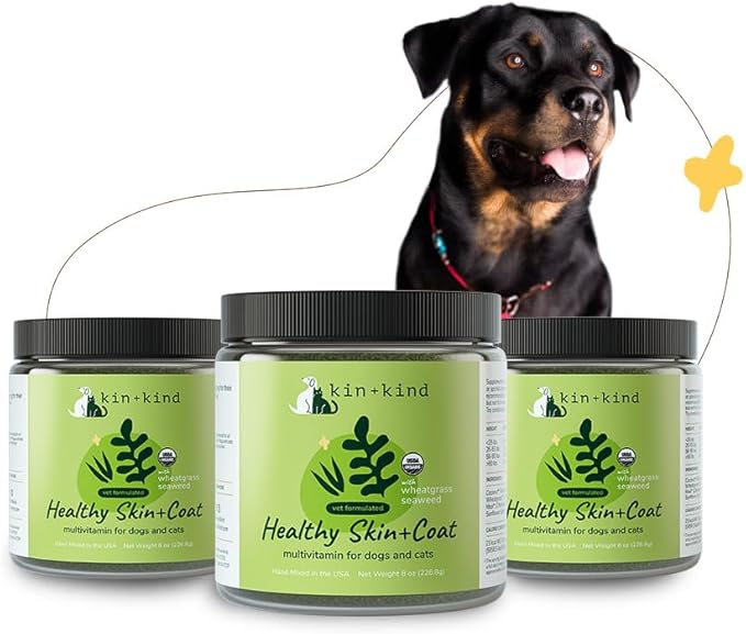 kin+kind Organic Multivitamin for Dogs & Cats - Pet Supplement for Healthy Skin and Coat - Safe, Natural Formula with Wheatgrass, Kelp, Seaweed and Coconut - Made in USA - Bundle (3 x 8 oz)
