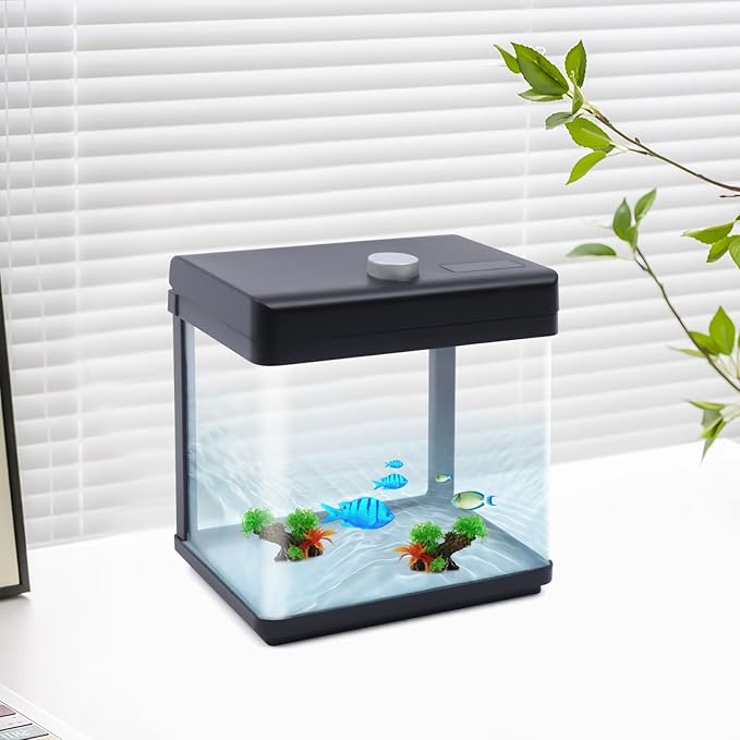 1.5 Gallon Fish Tank Starter Kits, Low Noise Betta Fish Tank with Fil-TER LED Light Submersible Pu-mp, Glass Small Fish Tank Smart Aquarium kit with Dimmer Button Water Temperature Display