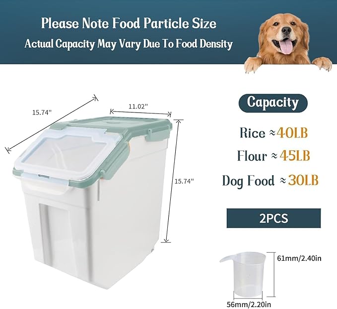 RUIAN 2Pcs Large Flour Storage Container Bin 50Lb Airtight Rice Storage Containers with Wheels Seal Locking Lid, BPA Free with Measuring Cup&Scoop for Flour, Rice, Grain 100LBS Total (Green)