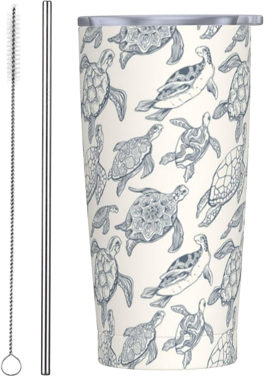 Sea Turtles Tumbler Hawaiian Turtle Stainless Steel Insulated Tumblers with Lid and Straw Reusable Sea Animal Coffee Travel Mug Tea Drinking Wine Cups Gifts for Women 20 Oz
