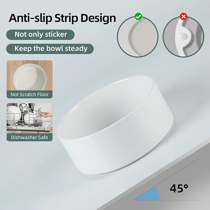 Ceramic Raised Double Bowls Set with Stand, Food & Water Bowls for Large Breed Dogs, Weighted Dog Dishes, Pet Bowl(8.2'',60OZ, White)