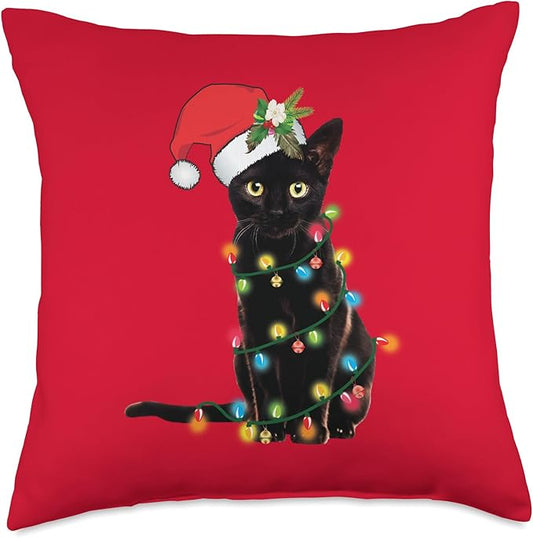 Santa Black Cat Tangled Up In Christmas Tree Lights Holiday Throw Pillow