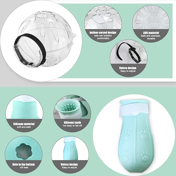 SAVITA Cat Breathable Bubble Helmet with Silicone Paw Covers, Light Green Cat Adjustable Hood Plastic Kitten Breathable Anti Bite Muzzles for Cats Grooming Bathing Shaving Nail Trimming