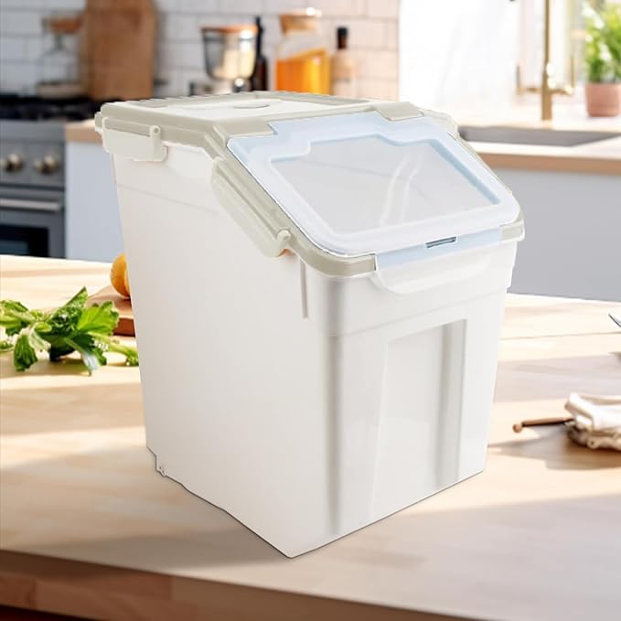 RUIAN 2Pcs Large Flour Storage Container Bin 50Lb Airtight Rice Storage Containers with Wheels Seal Locking Lid, BPA Free with Measuring Cup&Scoop for Flour, Rice, Grain 100LBS Total (Grey)