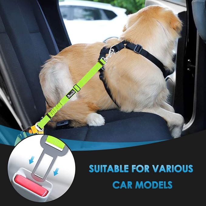 SlowTon Dog Seat Belt for Car, 2 Pack Dog Car Harness Seatbelt Adjustable with Elastic Bungee Buffer, 2 in 1 Pet Car Leash Headrest Restraint Dog Reflective Safety Tether (Lime, Headrest+Clip)