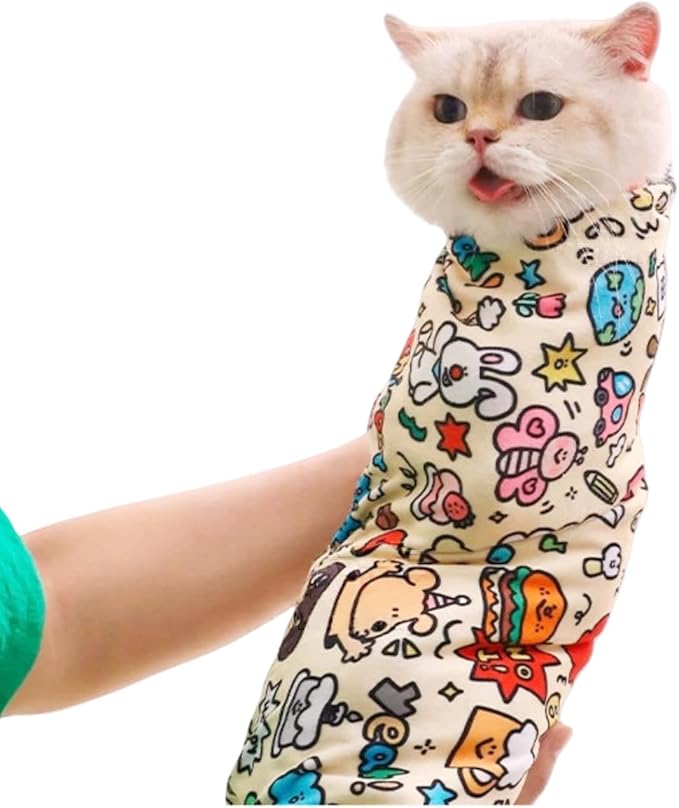 MANON ROSA Cat Grooming Wrap – Self-Adherent Anti-Scratch Swaddle Restraint Bag for Nail Cutting, Medication, Multifunctional Care - Calm Cozy Burrito Papoose Pet Magic Blanket (M (Within 9.9lbs))