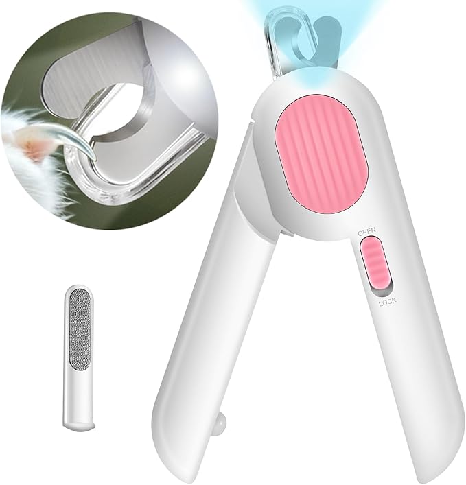 Odoland Cat Nail Clipper with LED Light and Nail File, Dog Claw Trimmer with Bright Light to Avoid Excessive Cutting - Pet Grooming Tool for Tiny Dog Cat Kitten Bunny Rabbit Pink