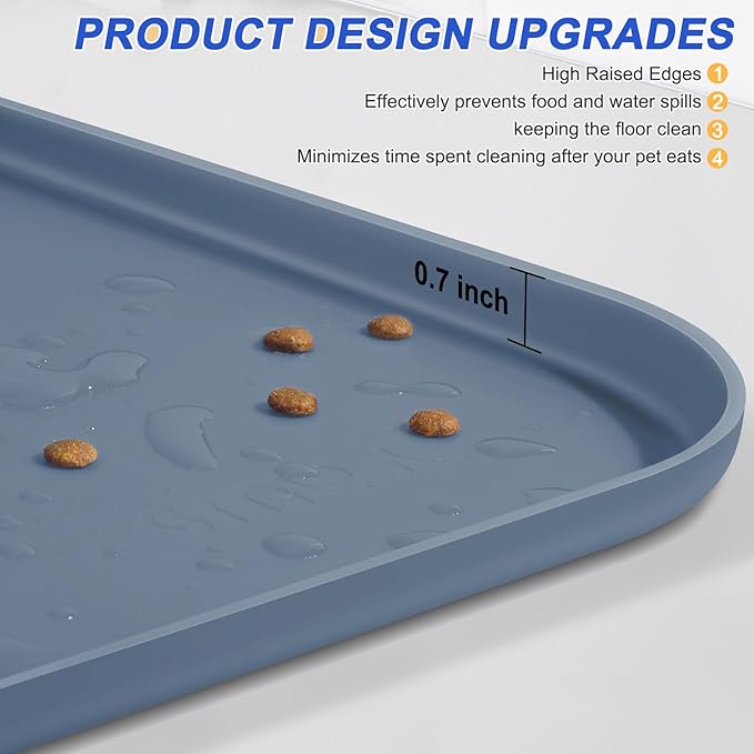 Silicone Pet Feeding Mat with Raised Edge for Food and Water, Dog Bowl Mats, Cat Bowls Placemat with High Lip for Floor Waterproof, Rubber Tray for Cats and Dogs 19 x 12 x0.7 Slate Blue