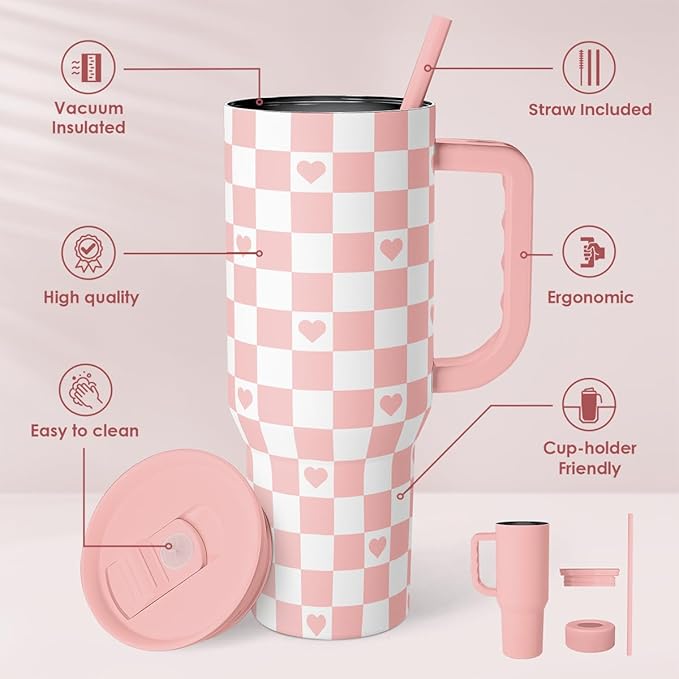 SANDJEST 40oz Checkered and Heart Tumbler with Handle and Straw - Insulated Stainless Steel Travel Coffee Mug for Women Girls, Gift for Birthday, Christmas